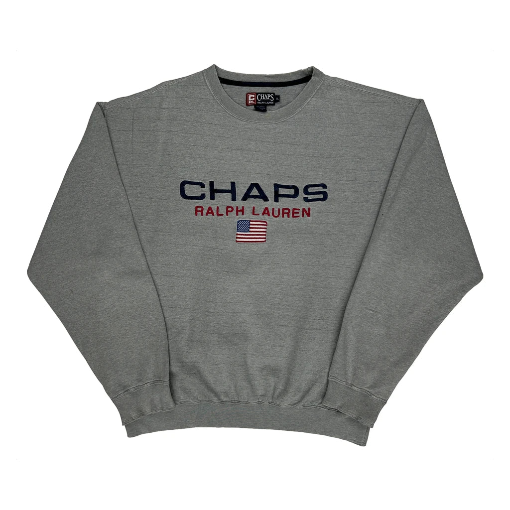 American Flag Chaps Ralph Lauren Spellout Sweatshirt - XL Grey Cotton Blend