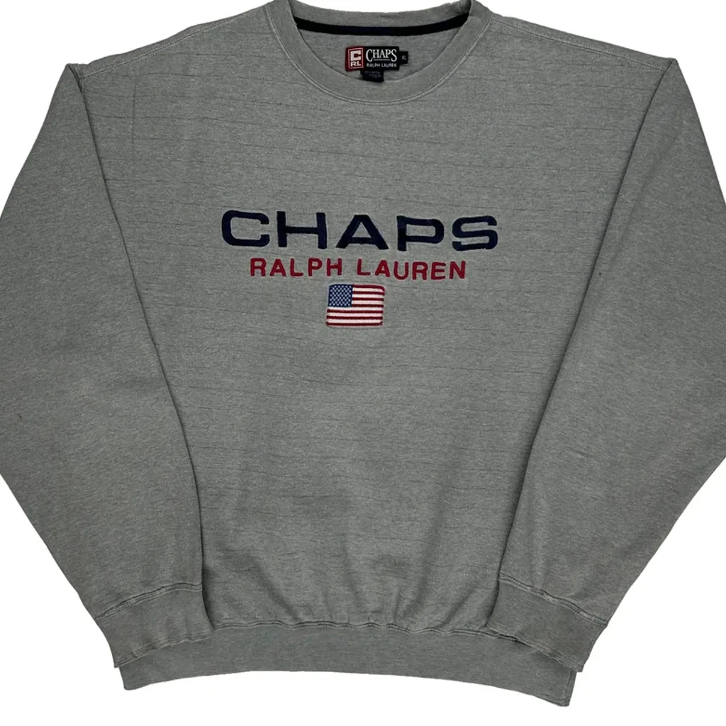 American Flag Chaps Ralph Lauren Spellout Sweatshirt - XL Grey Cotton Blend - Image 5
