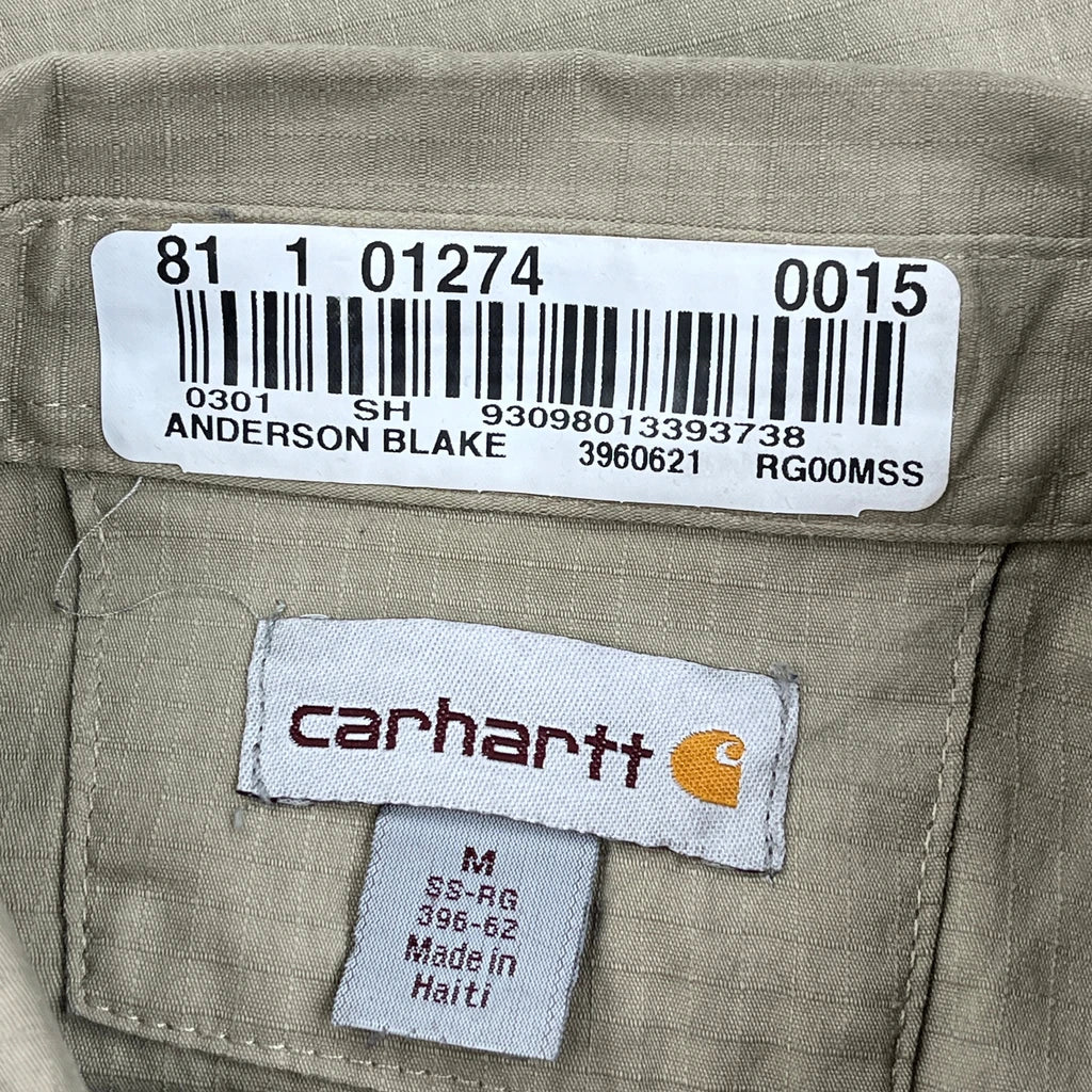 American Flag Patch Carhartt Short Sleeve Shirt - Medium Khaki Cotton - Image 3