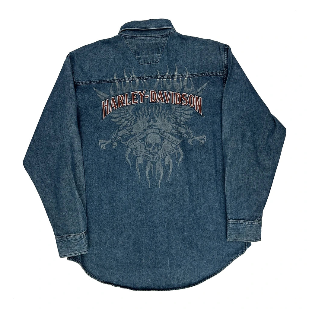 An American Legend Harley Davidson Graphic Denim Shirt - Large Blue Cotton - Image 2