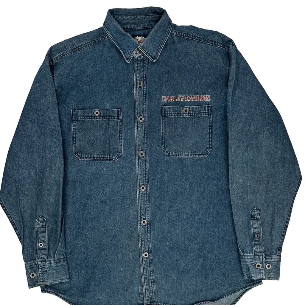 An American Legend Harley Davidson Graphic Denim Shirt - Large Blue Cotton - Image 5