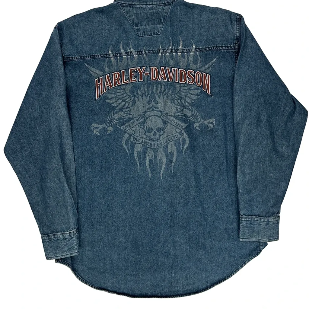 An American Legend Harley Davidson Graphic Denim Shirt - Large Blue Cotton - Image 6