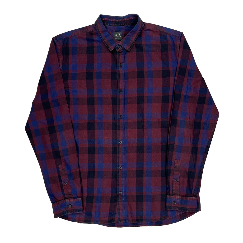 Armani Exchange Checked Shirt - 2XL Burgundy Cotton