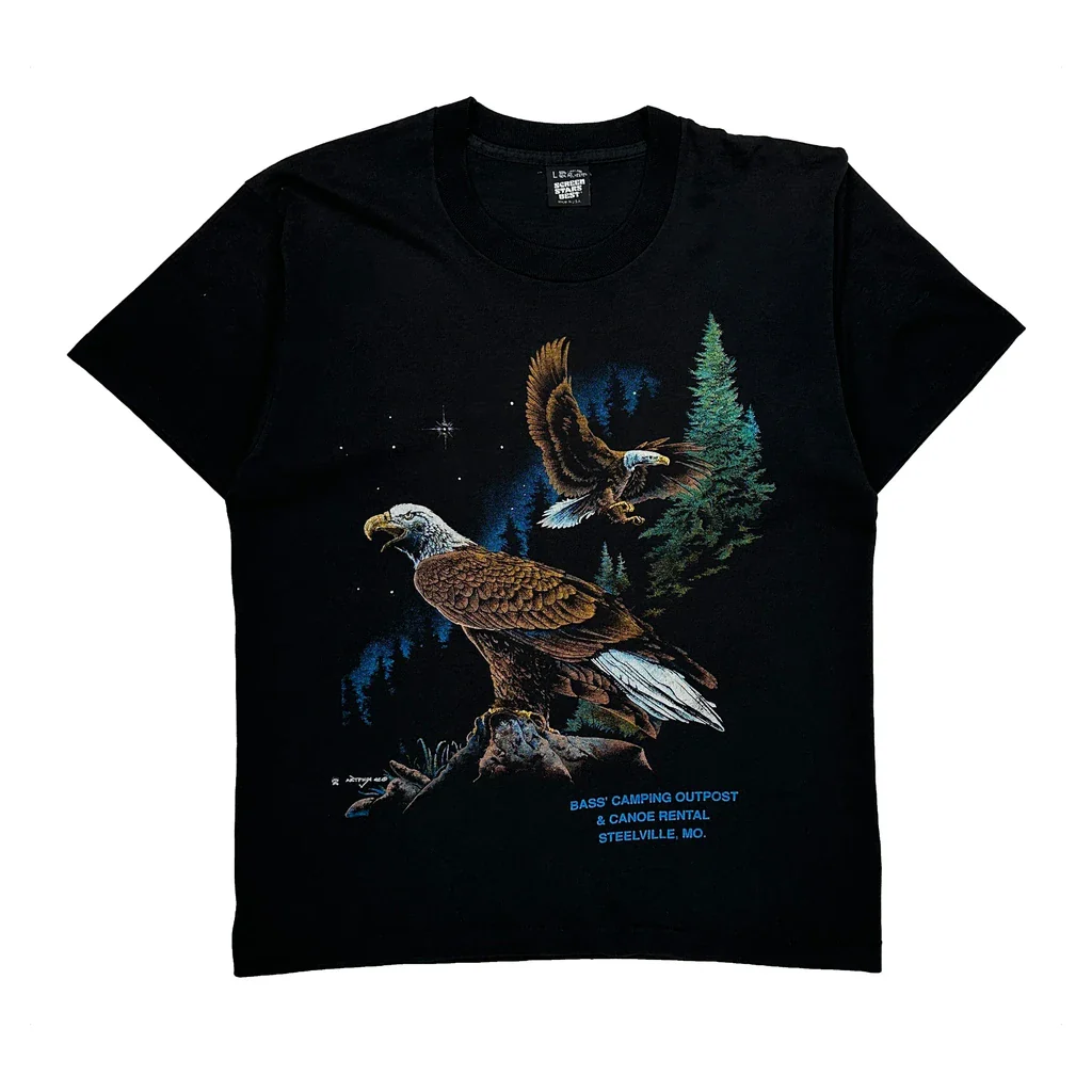 Bass® Camping Outpost & Canoe Rental Steelville, Mo. Screen Stars Single Stitch T-Shirt - Large Black Cotton Blend