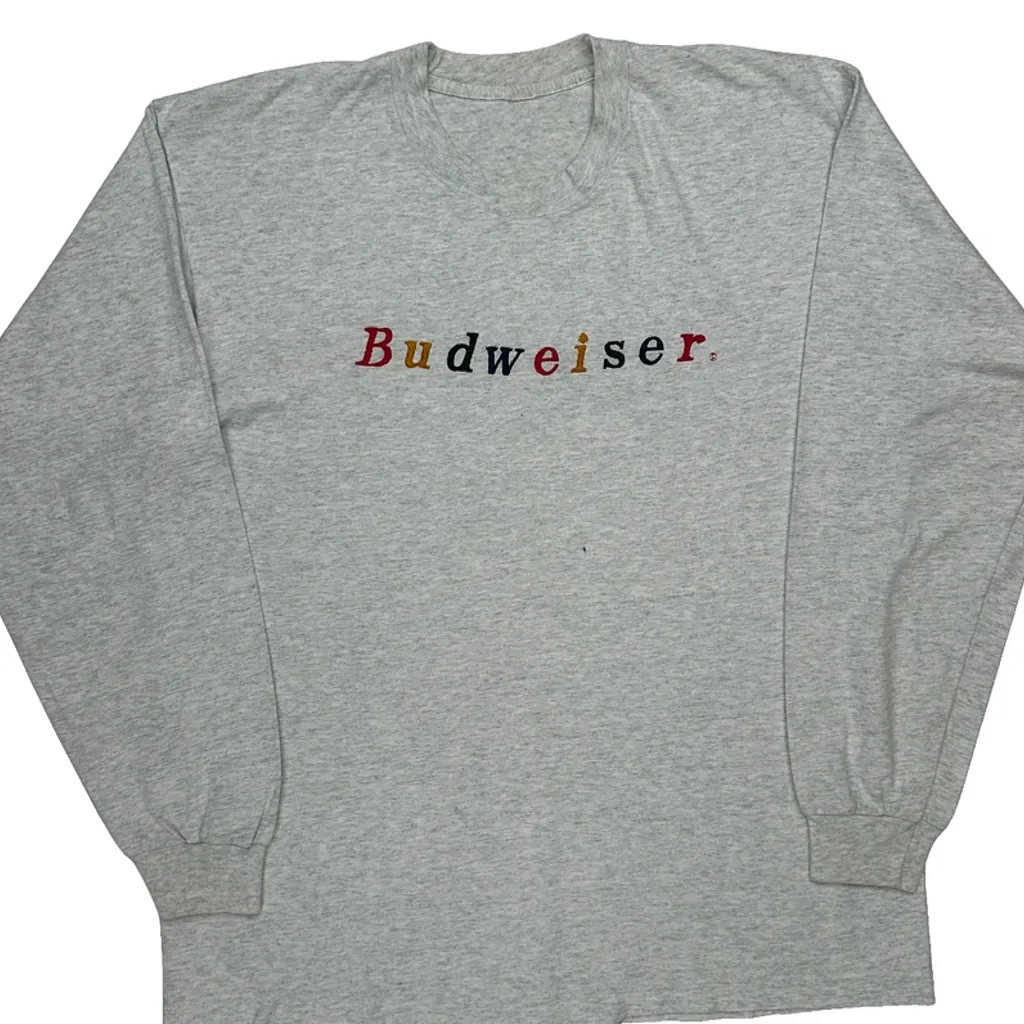 Beer Brand Budweiser Single Stitch Long Sleeve T-Shirt - XL Grey Cotton - Image 5