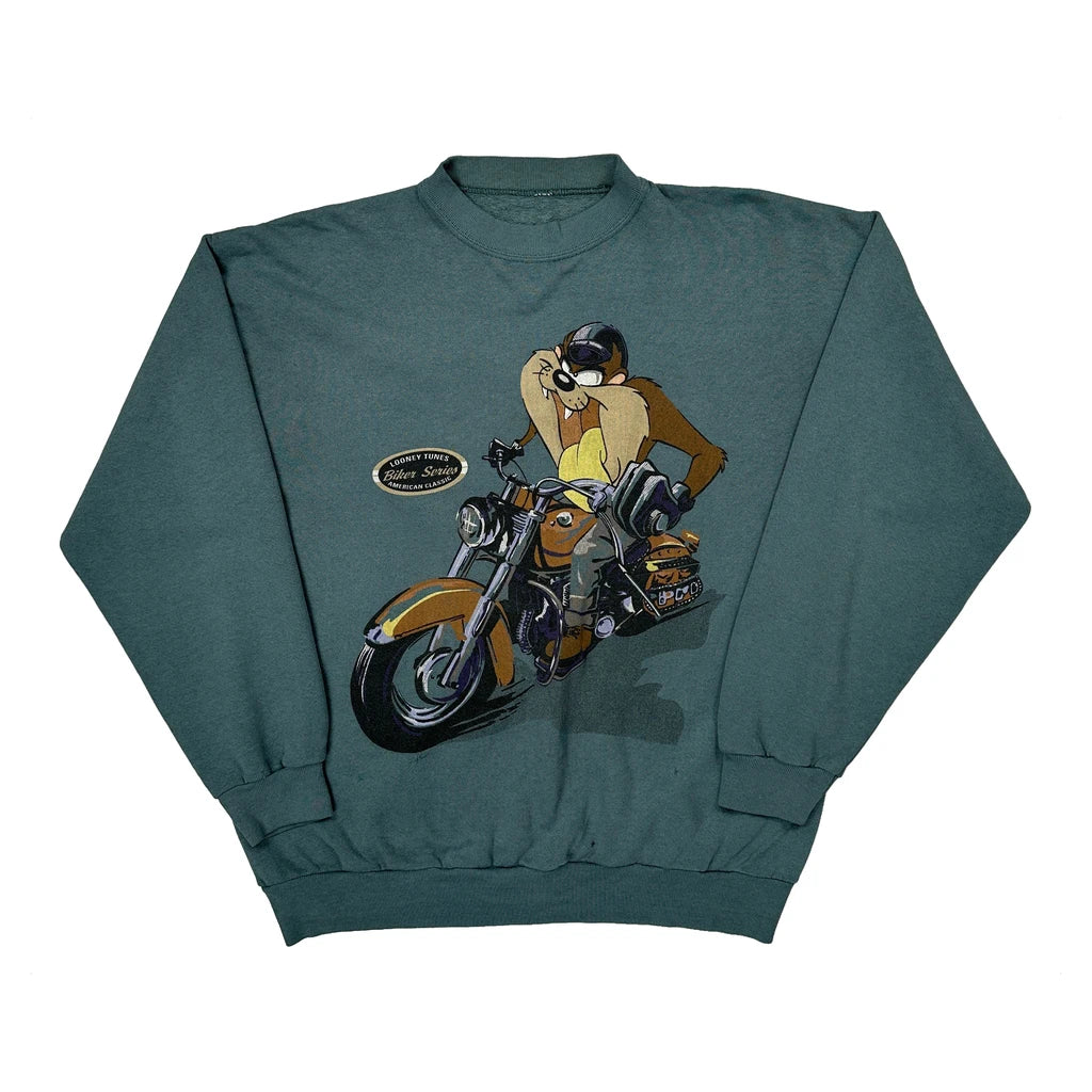 Biker Series Looney Tunes Cartoon Sweatshirt - Medium Green Cotton