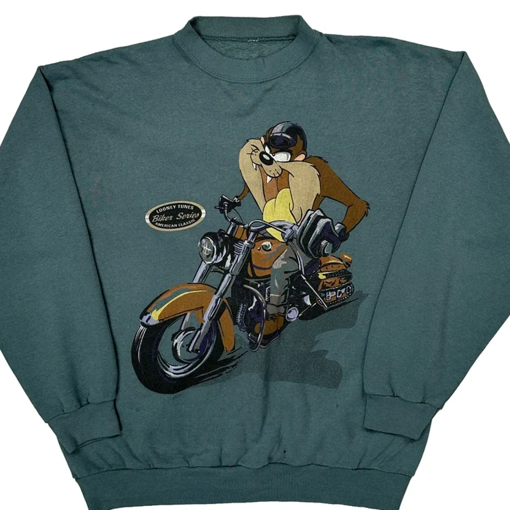 Biker Series Looney Tunes Cartoon Sweatshirt - Medium Green Cotton - Image 4