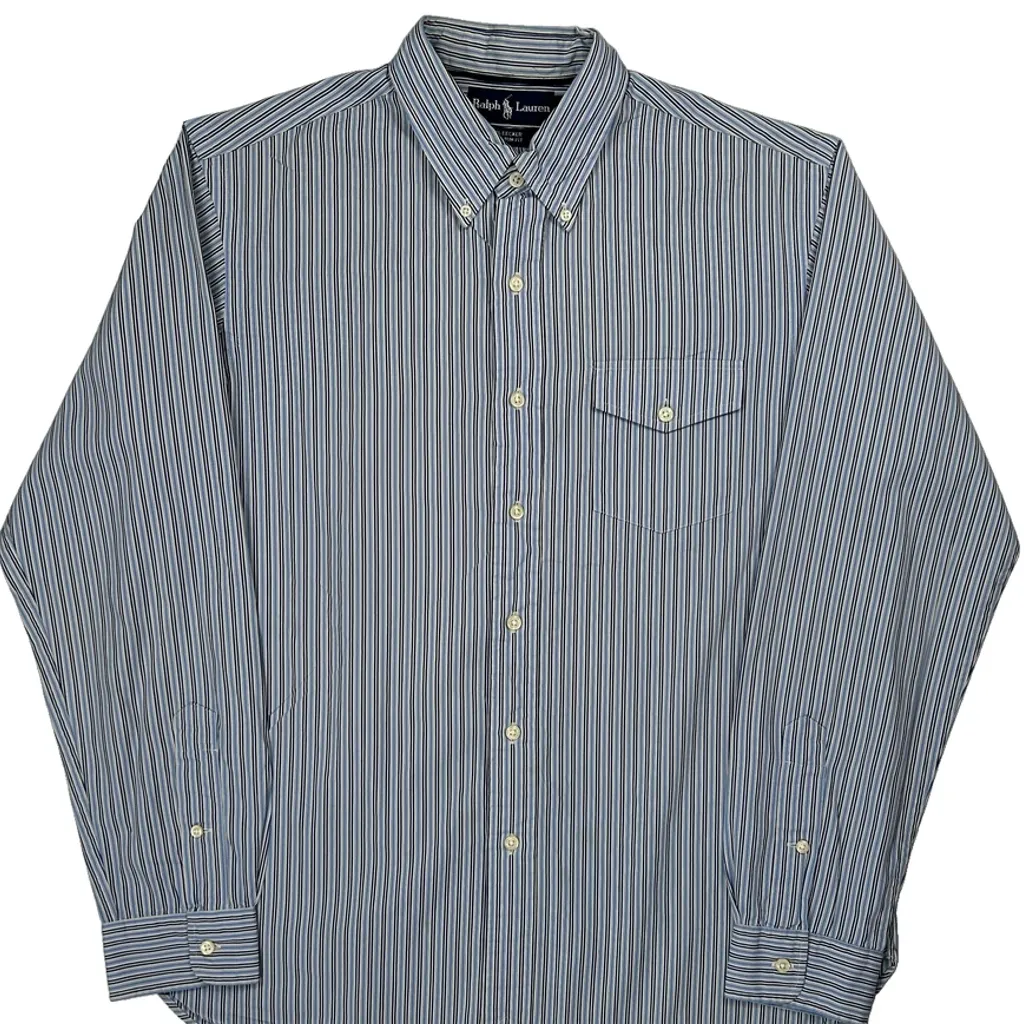 Bleecker Custom Fit Ralph Lauren Striped Shirt - Large Blue Cotton - Image 4