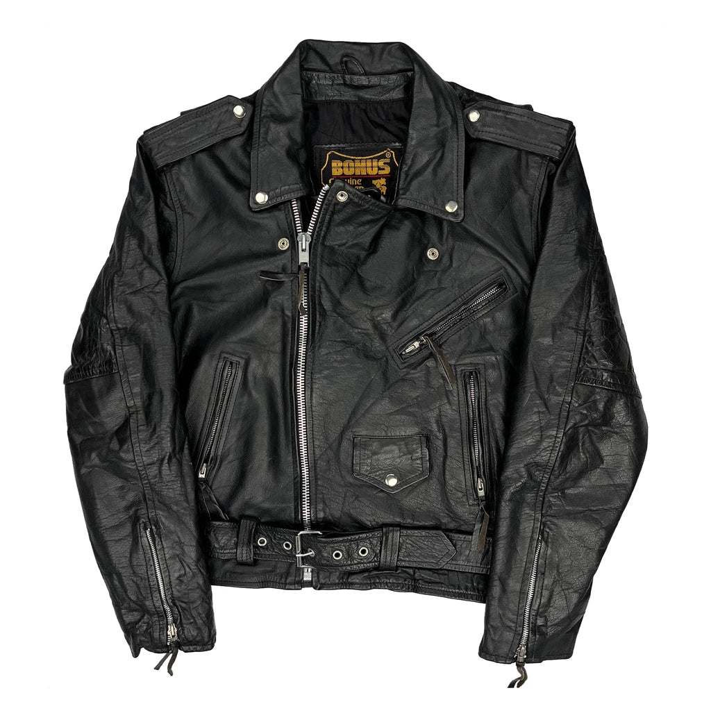 Bonus Studded Motorcycle Leather Jacket - Large Black Leather