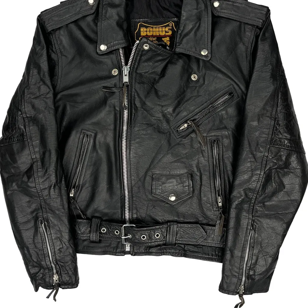 Bonus Studded Motorcycle Leather Jacket - Large Black Leather - Image 4