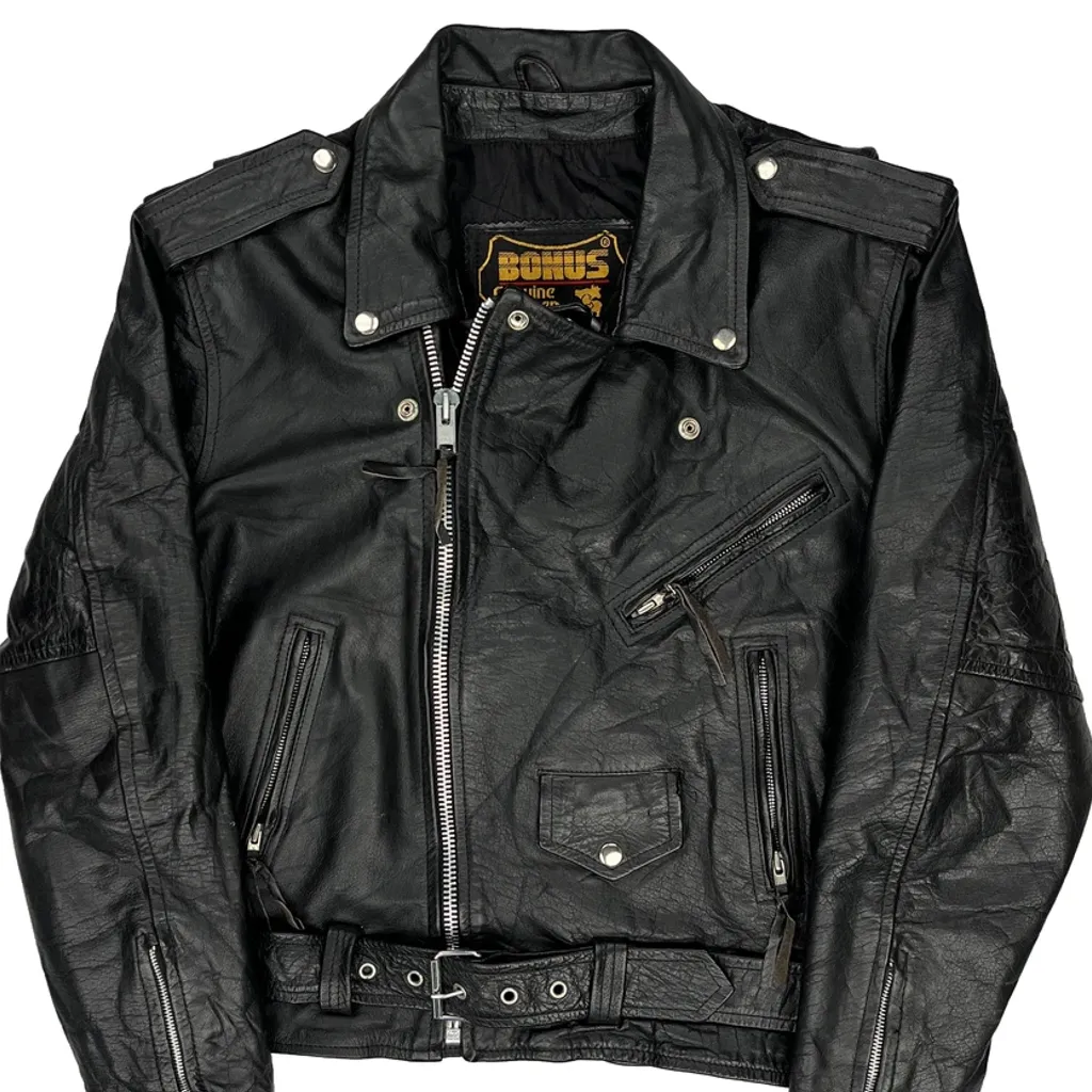 Bonus Studded Motorcycle Leather Jacket - Large Black Leather - Image 5