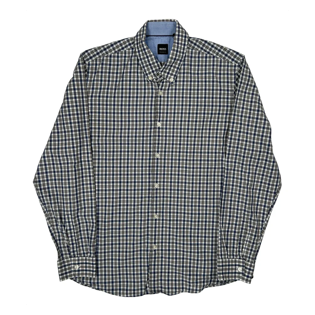 Boss Checked Shirt - Large Blue Cotton