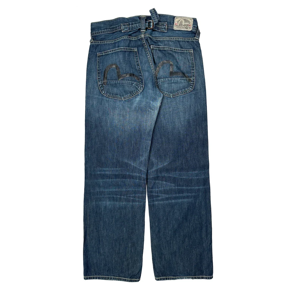 Buckle Back Evisu Wide Leg Jeans - 32W 32L Blue Denim