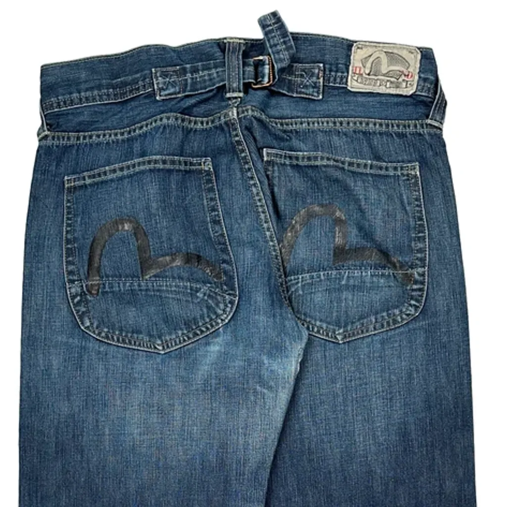 Buckle Back Evisu Wide Leg Jeans - 32W 32L Blue Denim - Image 7