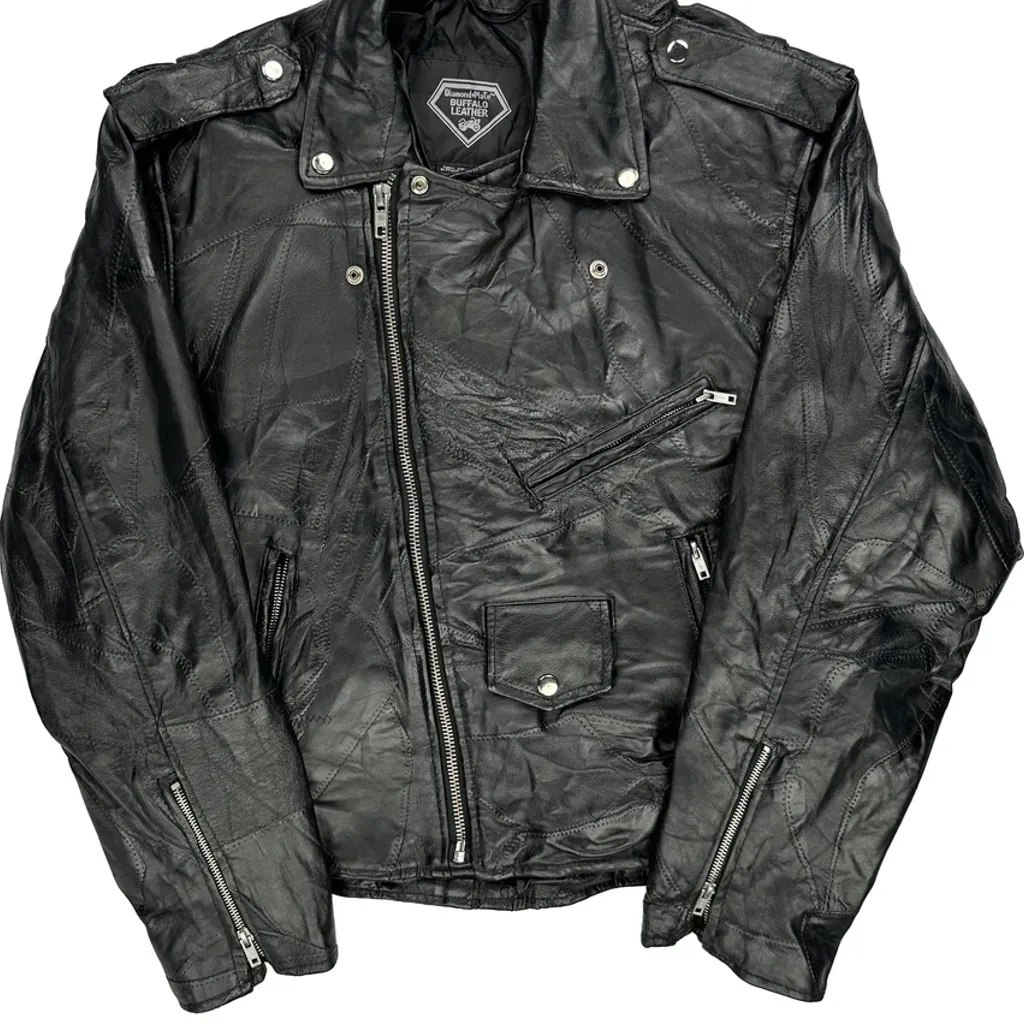 Buffalo Leather Diamondplate Motorcycle Leather Jacket - Medium Black Leather - Image 4