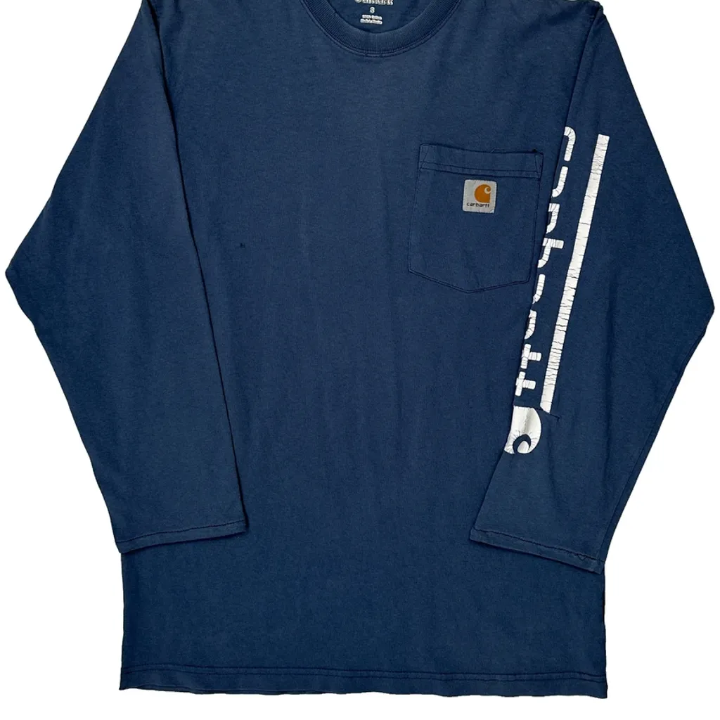 Carhartt Spellout Long Sleeve T-Shirt - Small Blue Cotton - Image 5