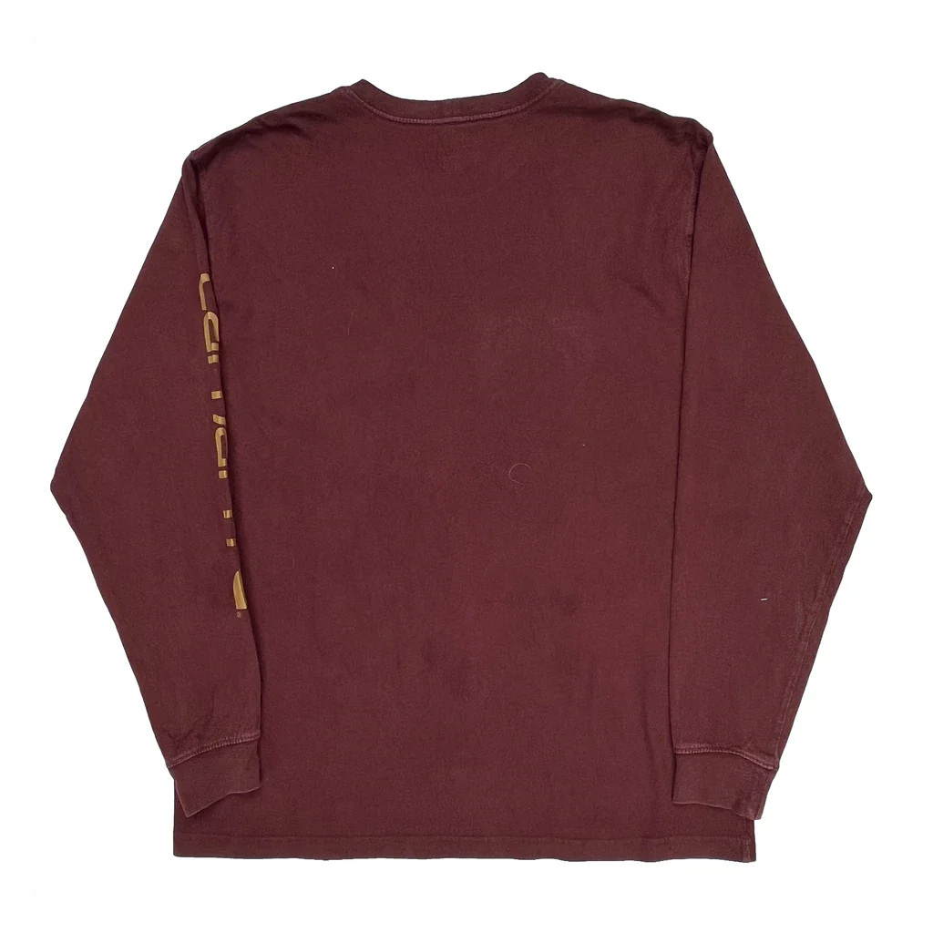 Carhartt Long Sleeve T-Shirt - Large Burgundy Cotton - Image 2