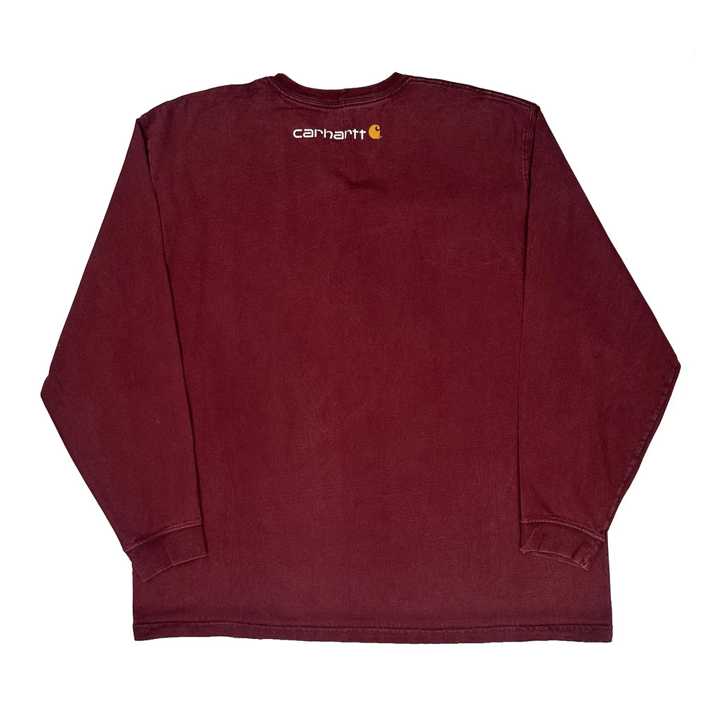 Carhartt Spellout Long Sleeve T-Shirt - 2XL Burgundy Cotton - Image 2