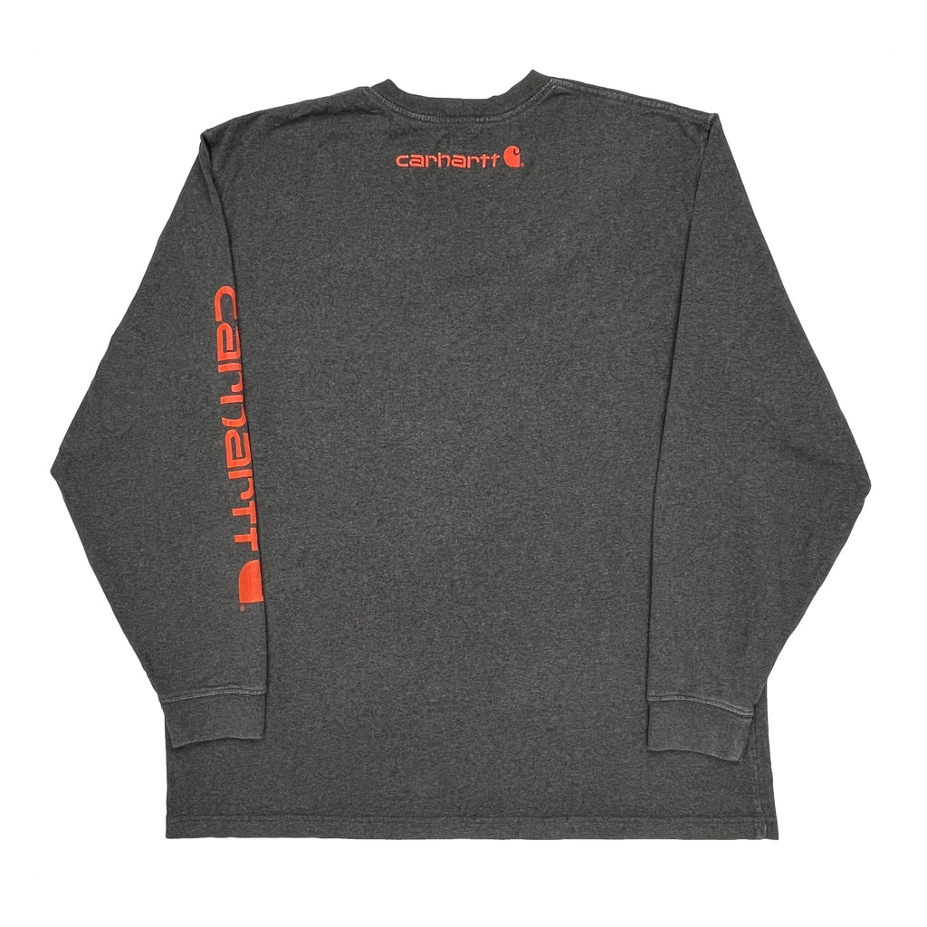 Carhartt Spellout Long Sleeve T-Shirt - XL Gray Cotton - Image 2