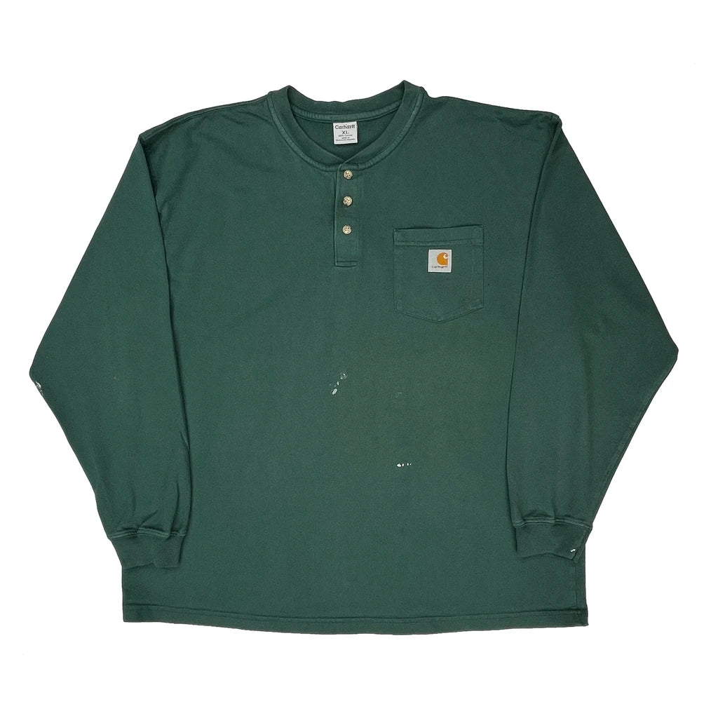 Carhartt Henley Long Sleeve T-Shirt - XL Green Cotton