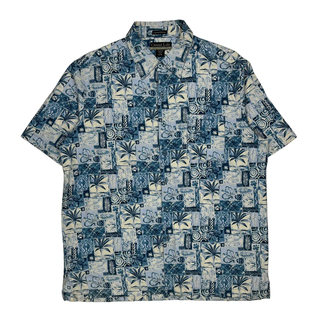 Casual Life Floral Hawaiian Shirt - XL Blue Cotton Blend