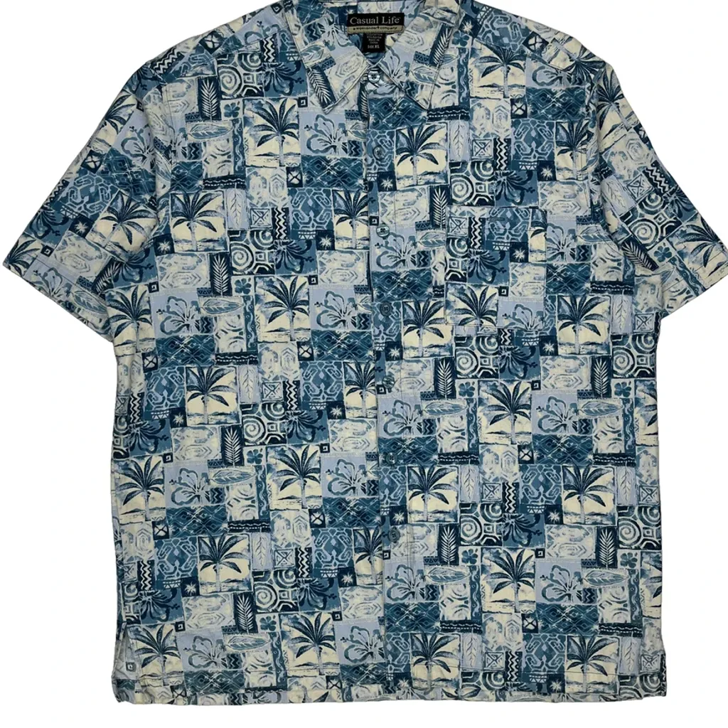Casual Life Floral Hawaiian Shirt - XL Blue Cotton Blend - Image 4