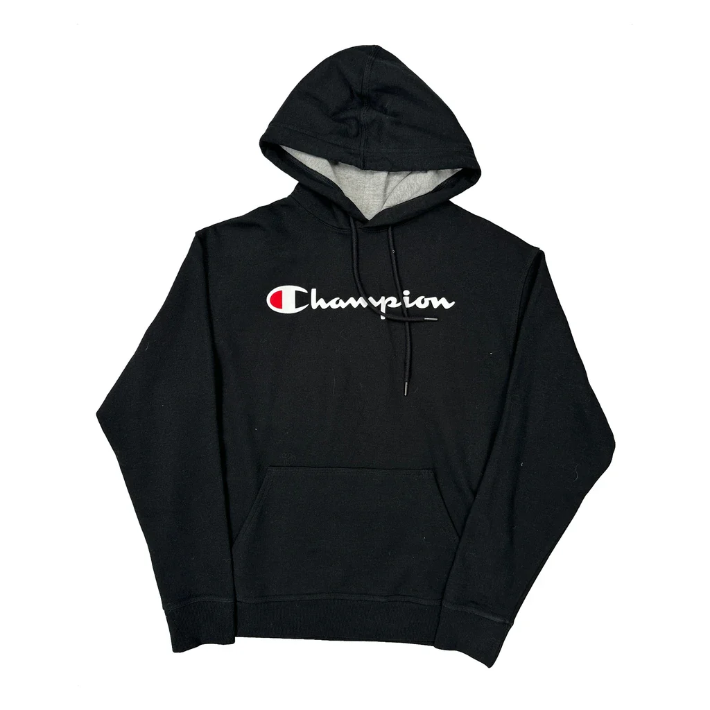 Champion Spellout Hoodie - Large Black Cotton