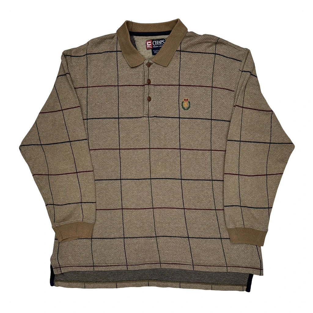Chaps Ralph Lauren Checked Long Sleeve Polo Shirt - XL Beige Cotton