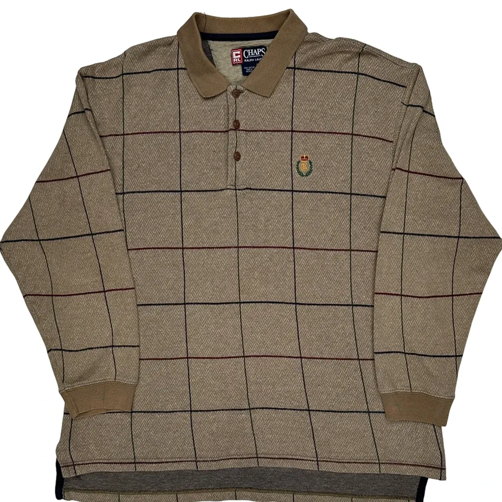 Chaps Ralph Lauren Checked Long Sleeve Polo Shirt - XL Beige Cotton - Image 5