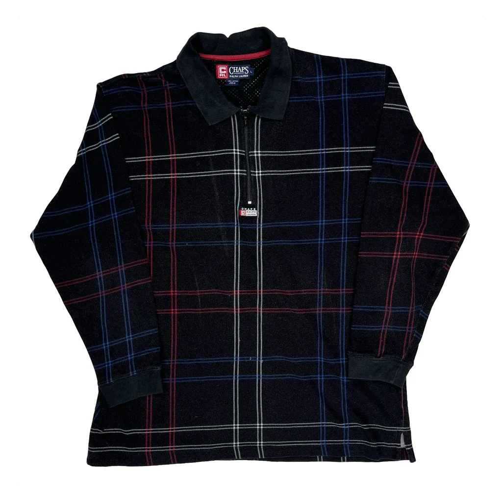 Chaps Ralph Lauren Checked Long Sleeve Polo Shirt - Large Black Cotton