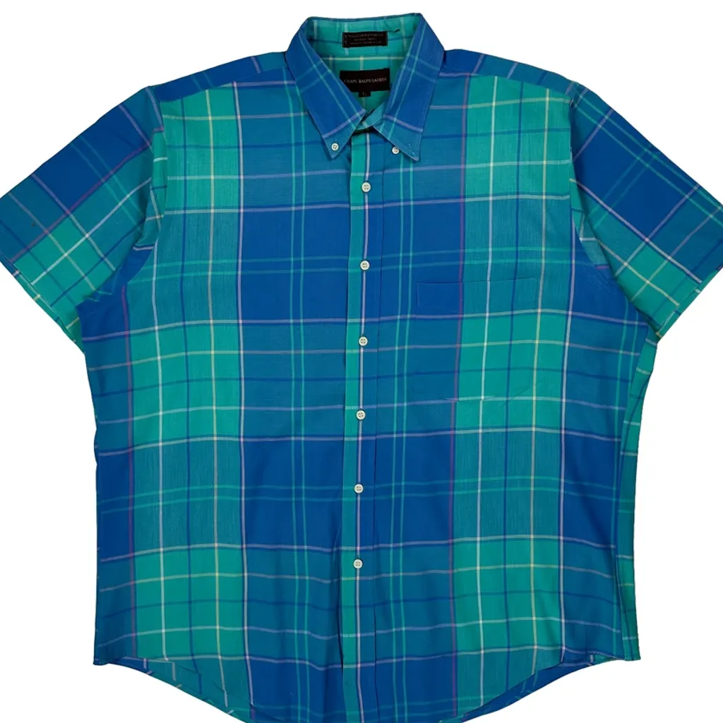 Chaps Ralph Lauren Checked Short Sleeve Shirt - Large Blue Cotton Blend - Image 4