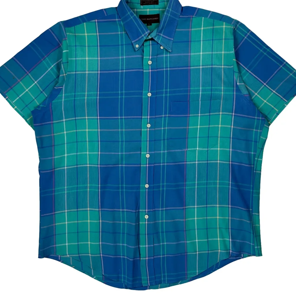 Chaps Ralph Lauren Checked Short Sleeve Shirt - Large Blue Cotton Blend - Image 5