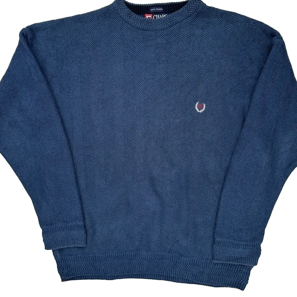 Chaps Ralph Lauren Hand Framed Herringbone Sweater - Small Blue Cotton - Image 4