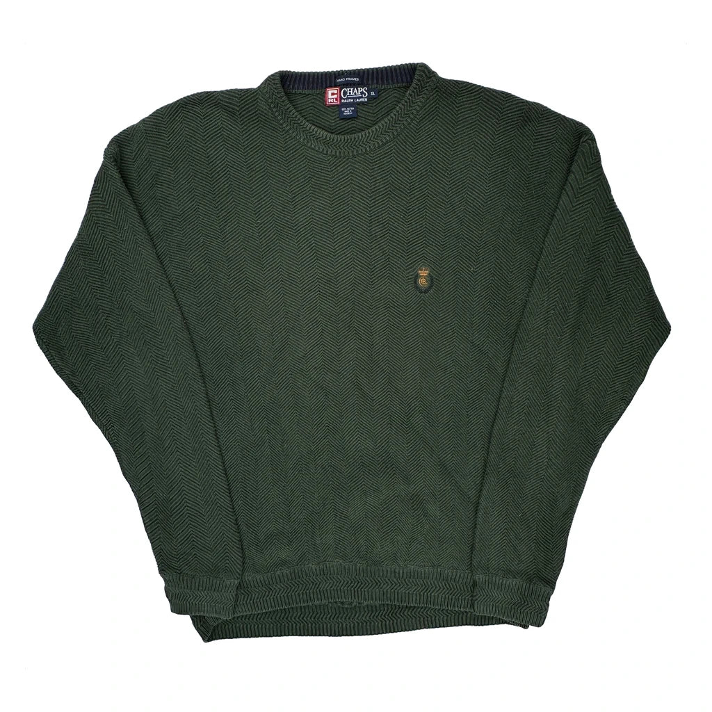 Chaps Ralph Lauren Hand Framed Herringbone Sweater - XL Green Cotton