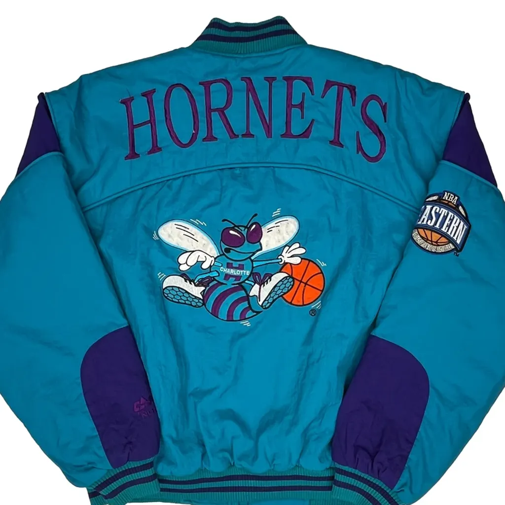 Charlotte Hornets Nutmeg Graphic Varsity Jacket - Medium Blue Nylon - Image 6