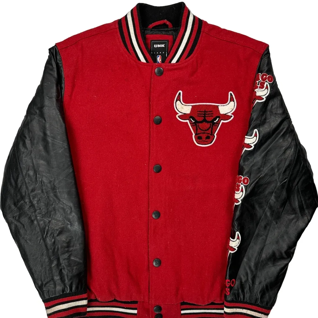 Chicago Bulls Unk Graphic Varsity Jacket - XL Red Leather - Image 4