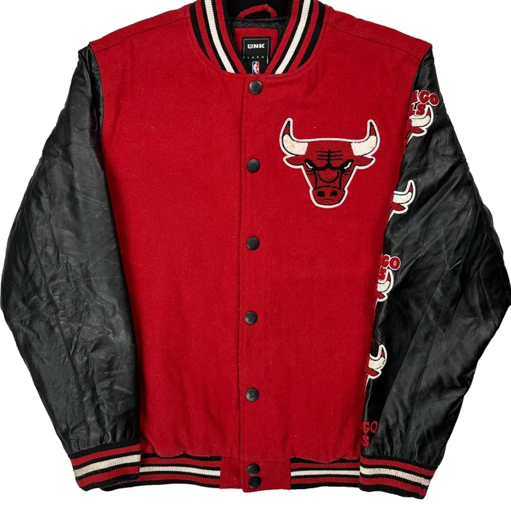 Chicago Bulls Unk Graphic Varsity Jacket - XL Red Leather - Image 5