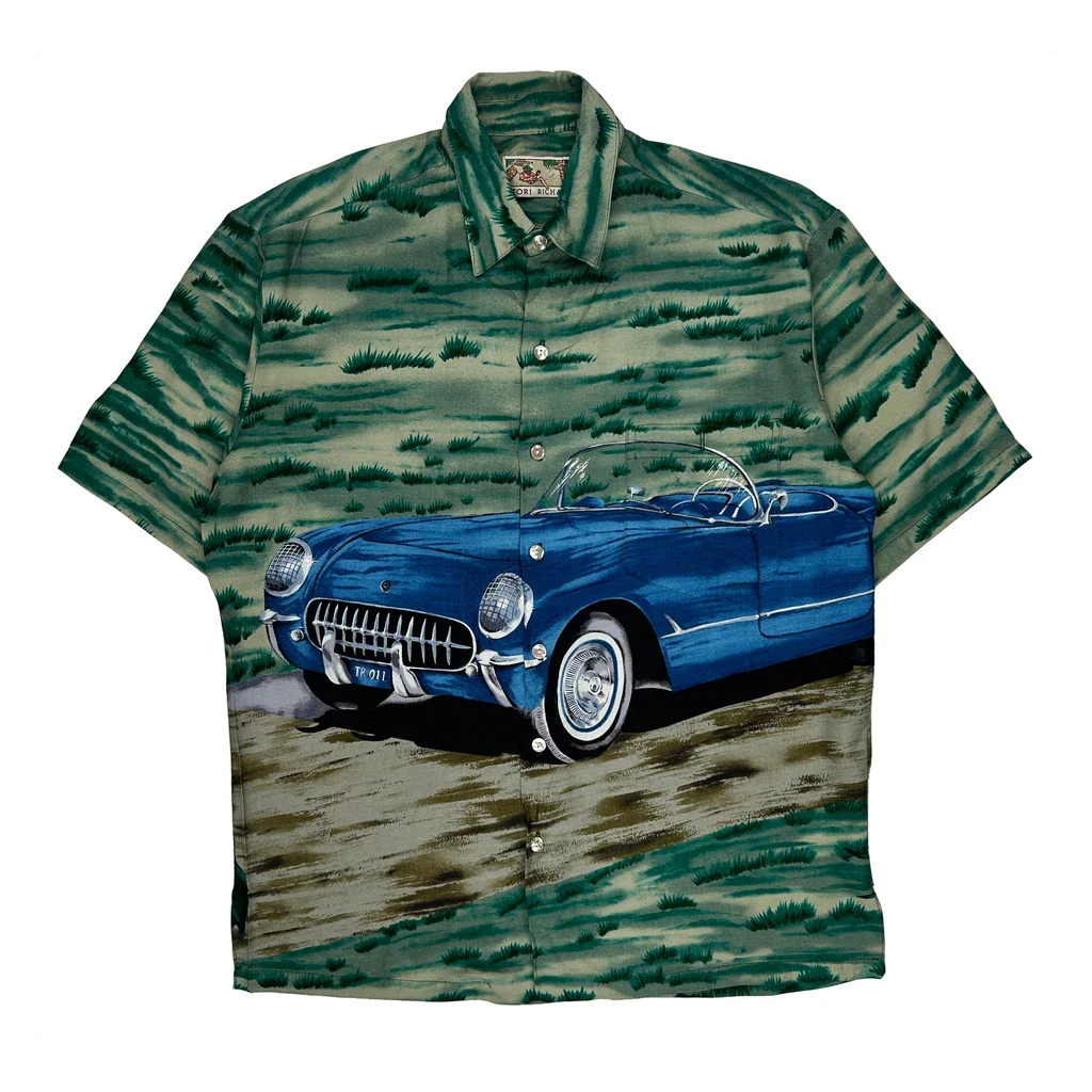 Classic Car Print Tori Richard Graphic Hawaiian Shirt - Medium Green Cotton