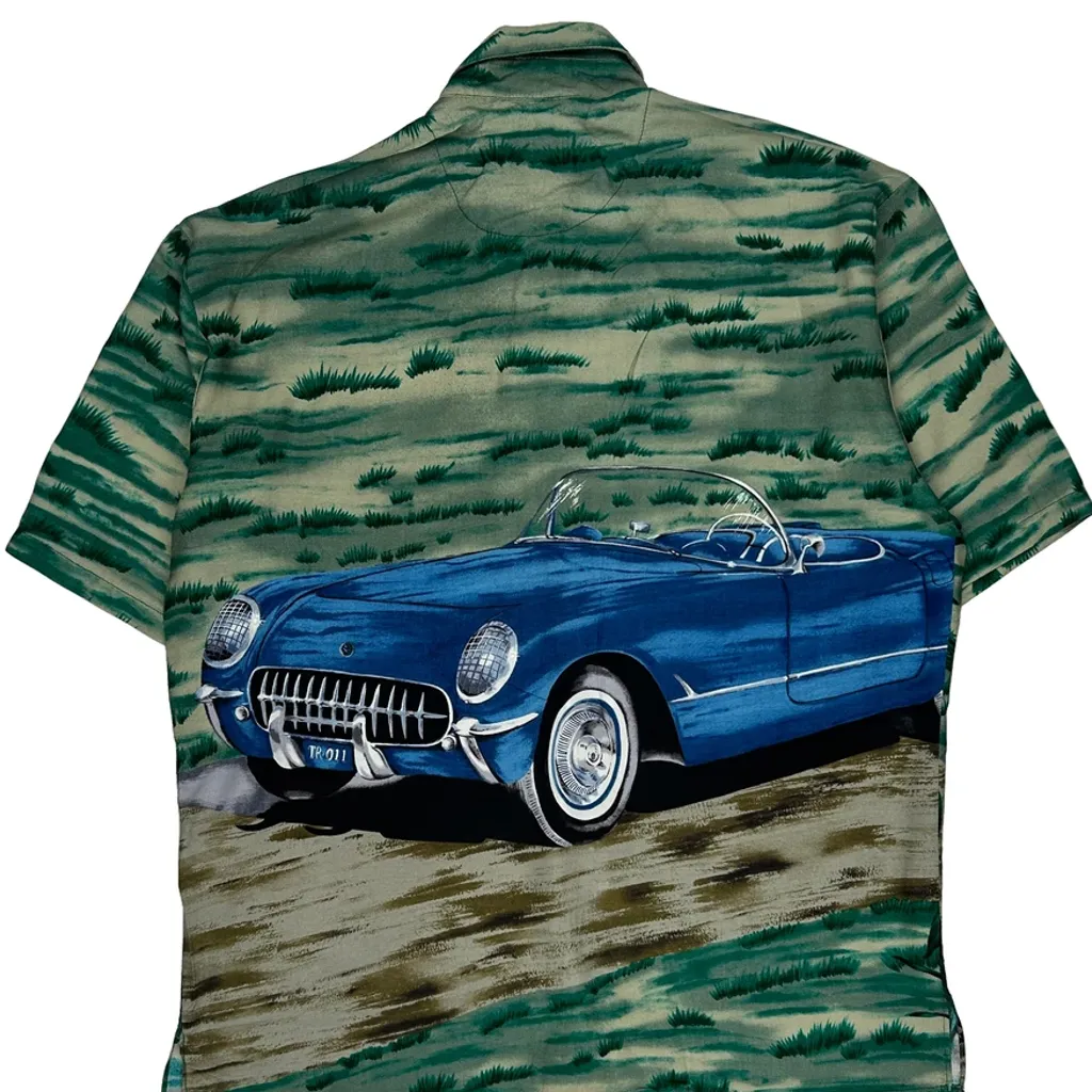 Classic Car Print Tori Richard Graphic Hawaiian Shirt - Medium Green Cotton - Image 7