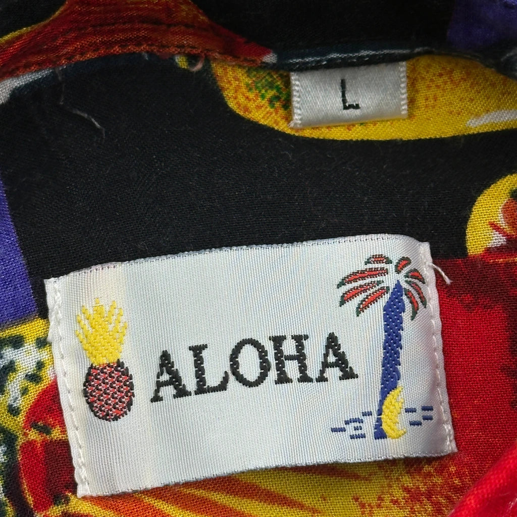 Cocktail Print Aloha Graphic Hawaiian Shirt - Large Black Cotton - Image 3