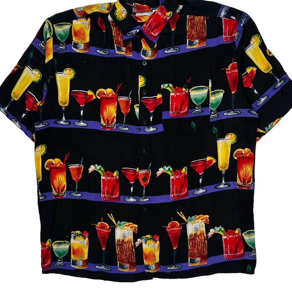 Cocktail Print Aloha Graphic Hawaiian Shirt - Large Black Cotton - Image 4