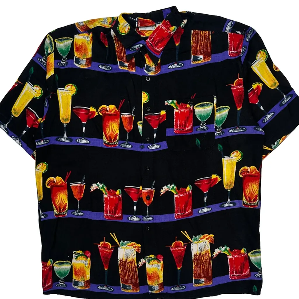 Cocktail Print Aloha Graphic Hawaiian Shirt - Large Black Cotton - Image 5