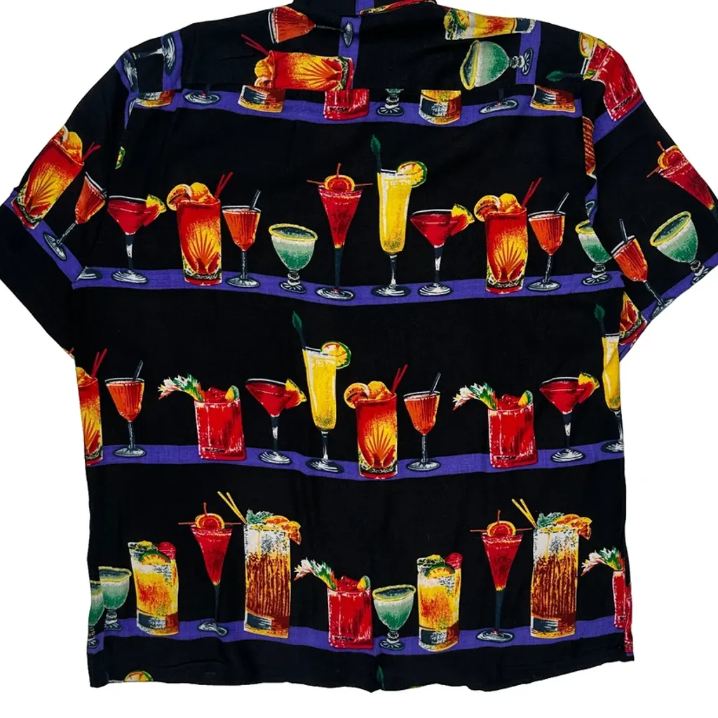 Cocktail Print Aloha Graphic Hawaiian Shirt - Large Black Cotton - Image 7