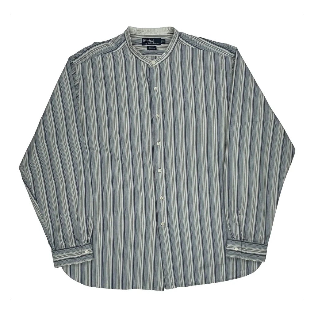 Collarless Polo By Ralph Lauren Striped Shirt - XL Blue Cotton