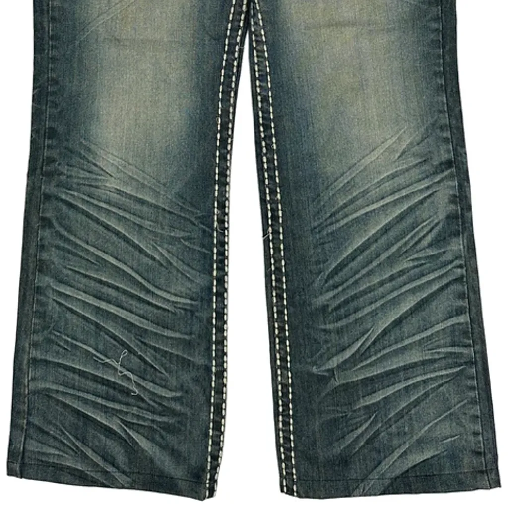 Contrast Stitch Smash Embroidered Boot Cut Jeans - 36W UK 12 Blue Denim - Image 10