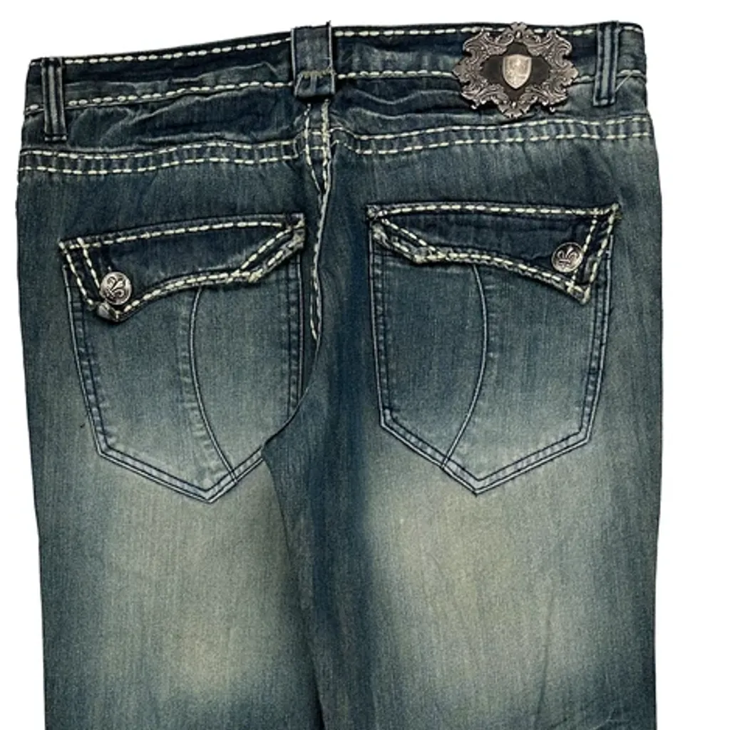 Contrast Stitch Smash Embroidered Boot Cut Jeans - 36W UK 12 Blue Denim - Image 8