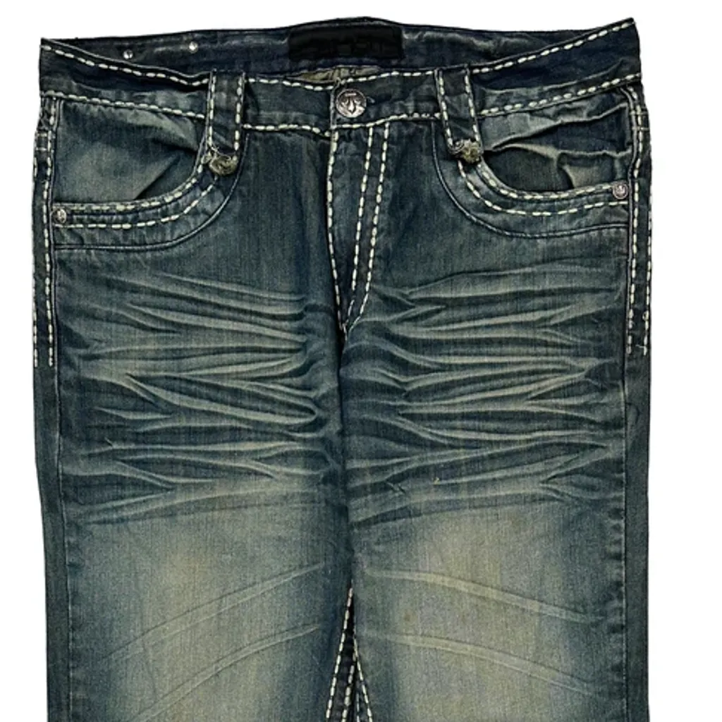 Contrast Stitch Smash Embroidered Boot Cut Jeans - 36W UK 12 Blue Denim - Image 9