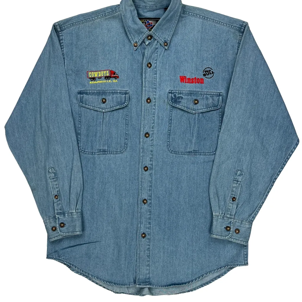 Cowboys Adairsville, Ga Chase Authentics Graphic Denim Shirt - Medium Blue Cotton - Image 4