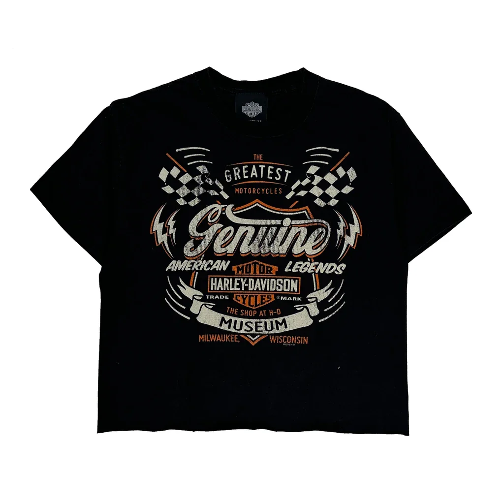 Cropped Harley Davidson Graphic T-Shirt - Medium Black Cotton