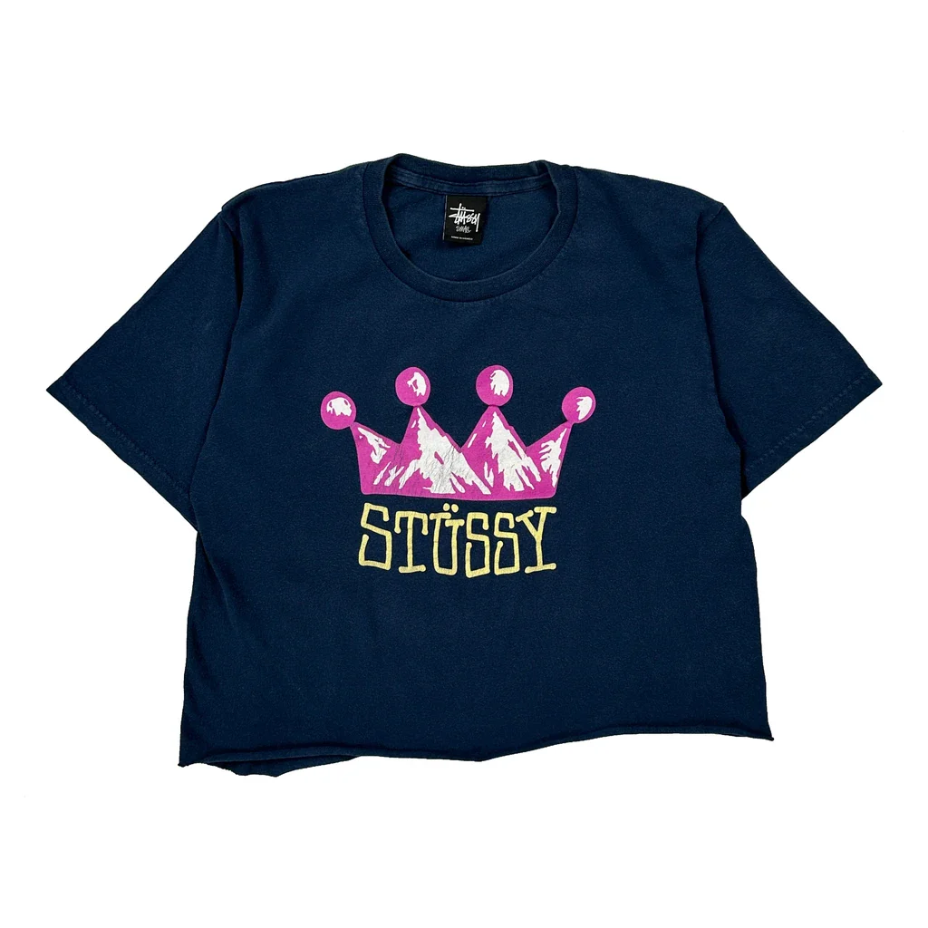 Crown Stussy Cropped T-Shirt - Small Blue Cotton